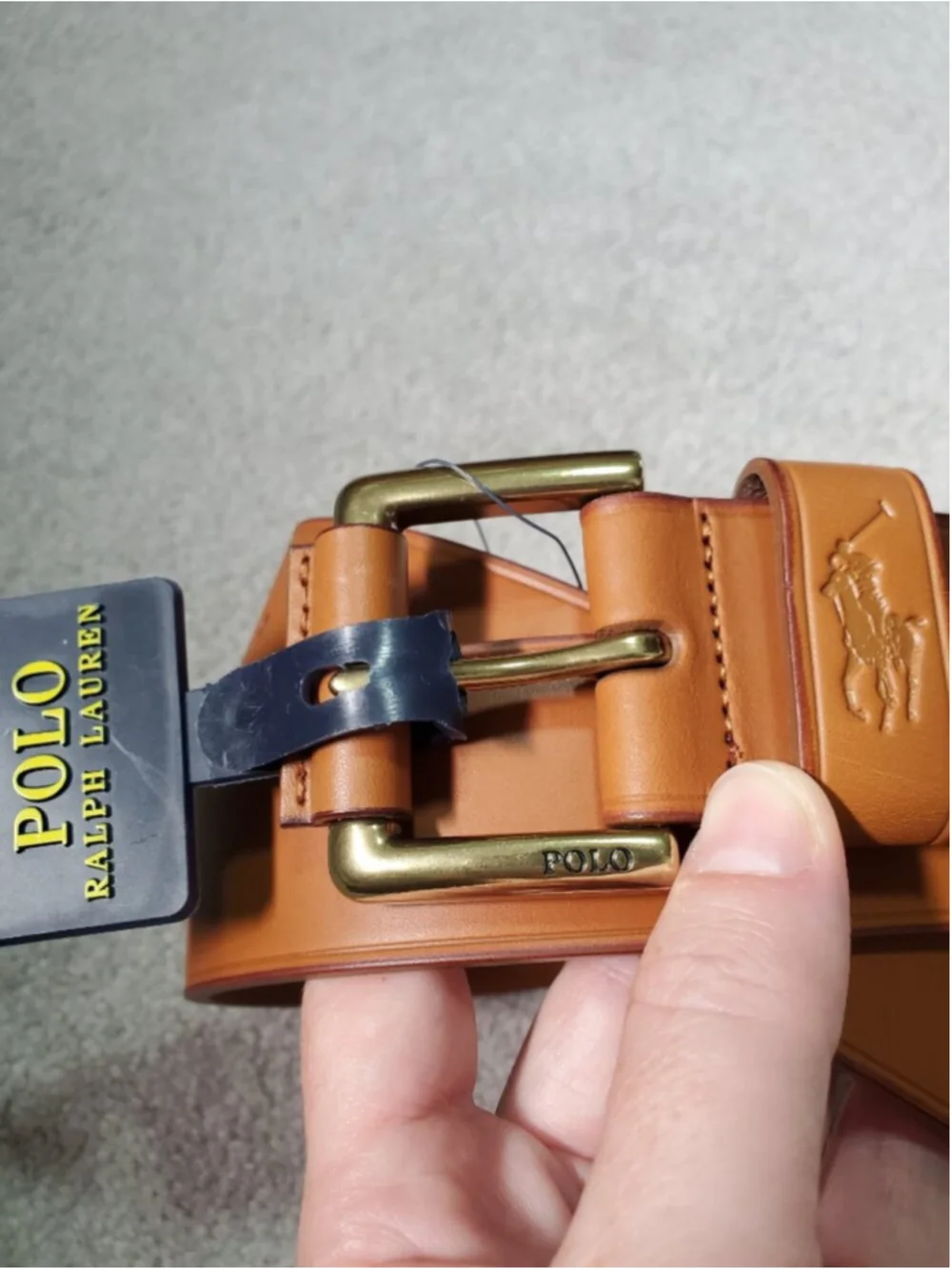 POLO RALPH LAUREN NWT Leather Belt Tan Brass 32 Embossed Pony Logo Dress Office